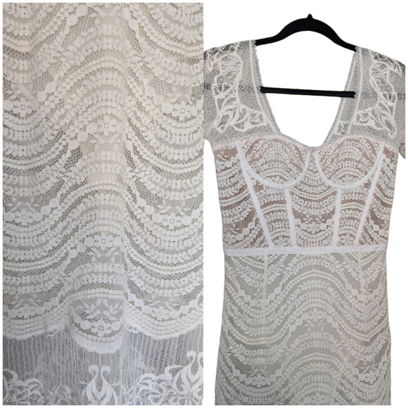 Jonathan Simkhai XS 2 Bustier Mixed Lace Overlay Lined Bodysuit White Midi Dress - Picture 3 of 15